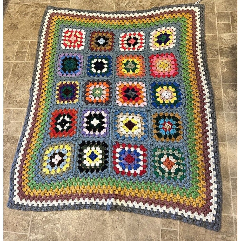 Handmade Vintage Bright Multicolor Granny Square Crochet Blanket Afghan Throw